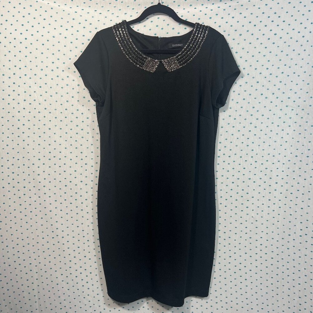 Ellen Tracy Black Short Sleeve Beaded Collar Sheath Dress
